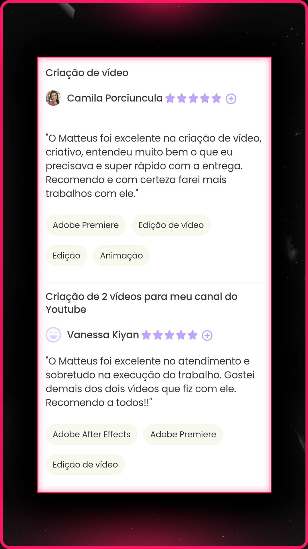 Depoimento de cliente sobre projeto de edição de vídeo para YouTube