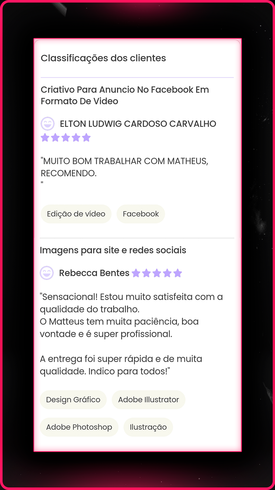Depoimento de cliente sobre resultados obtidos com edição profissional